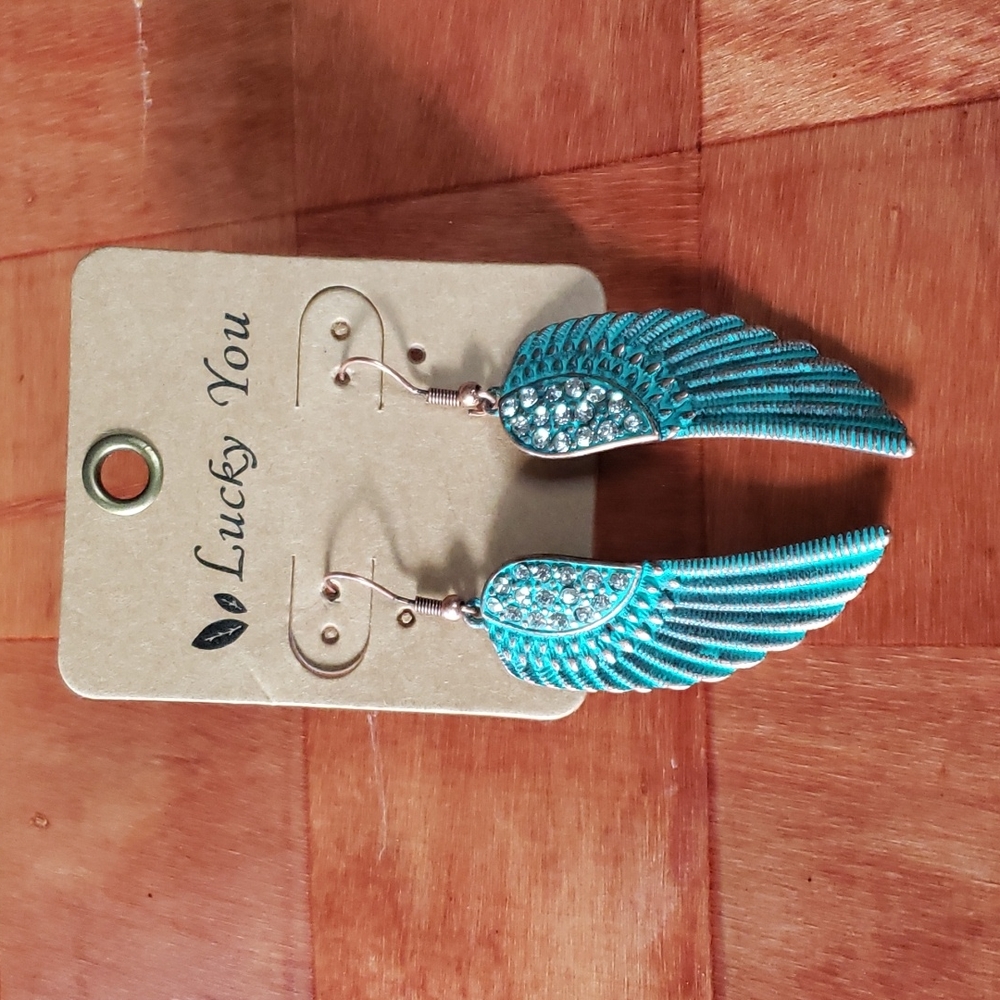 Lucky You Teal Blue Feather Earrings